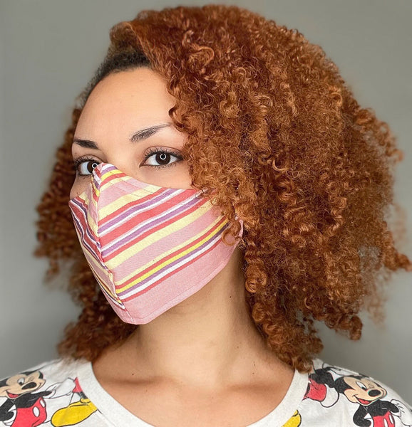 100% Cotton 3 Layer Pink Stripe Print Face Masks with removable nose wire and Filter Pocket, Pink Mask