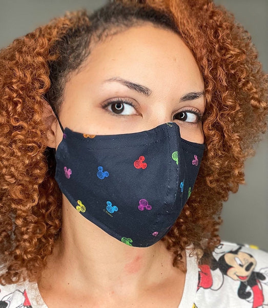 100% Cotton 3 Layer Navy Multi. Colored Mouse Licensed Fabric Face Masks with removable nose wire and Filter Pocket