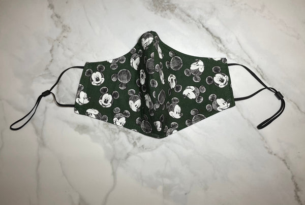 100% Cotton 3 Layer Dark Green Mouse Licensed Fabric Face Masks with removable nose wire and Filter Pocket