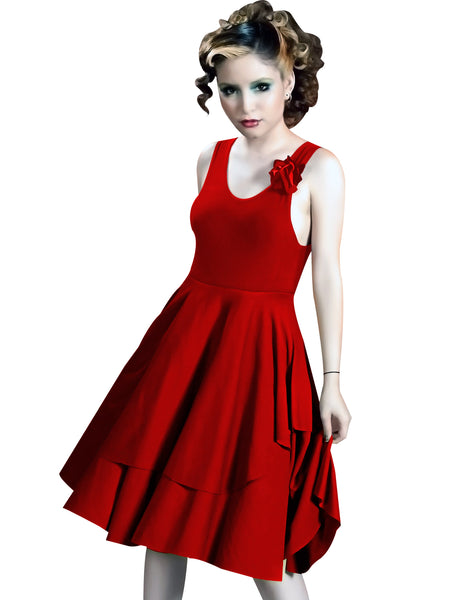 Bonita Fit and Flare Dress, Flowy Dresses, Red Dresses, Empire Waist Dress, Flower adorned dress, Dancing Dress, Tango Dress