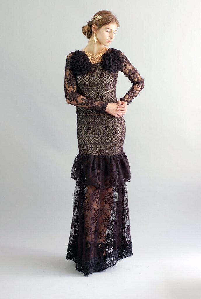 Constance Black Lace Gown, Maxi Dress, Flamenco Inspired Dress, Ballroom Dress, Prom Gown, Special Ocassion Gown  -Size Small