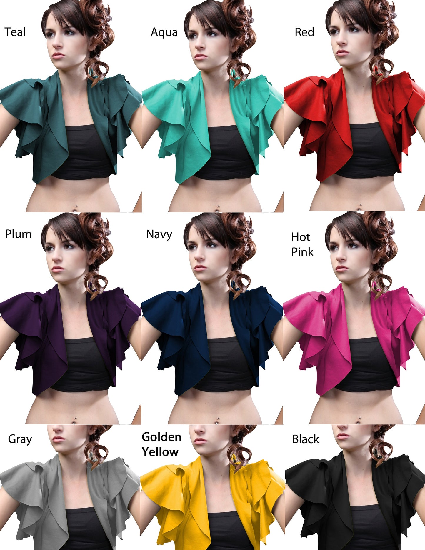 Ruffled cropped Bolero Shrug, shrugs, Bolero, Open-Front Bolero, Ruffled Bolero, Coverlet Shrug, Stretch Shrug Bolero