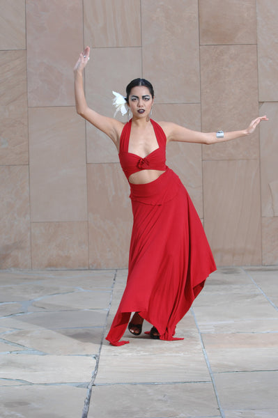 Scarlet Halter cut out Dress with asymmetrical hem, salsa dress, dress for dancing, dance dress, unique dresses, red dress,