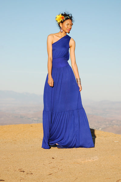One Shoulder Cinched Waist Maxi Dress, Maxi Dresses, Blue Maxi Dress, One Shoulder Dresses, Blue Dresses, Tiered Dress, Long Dresses