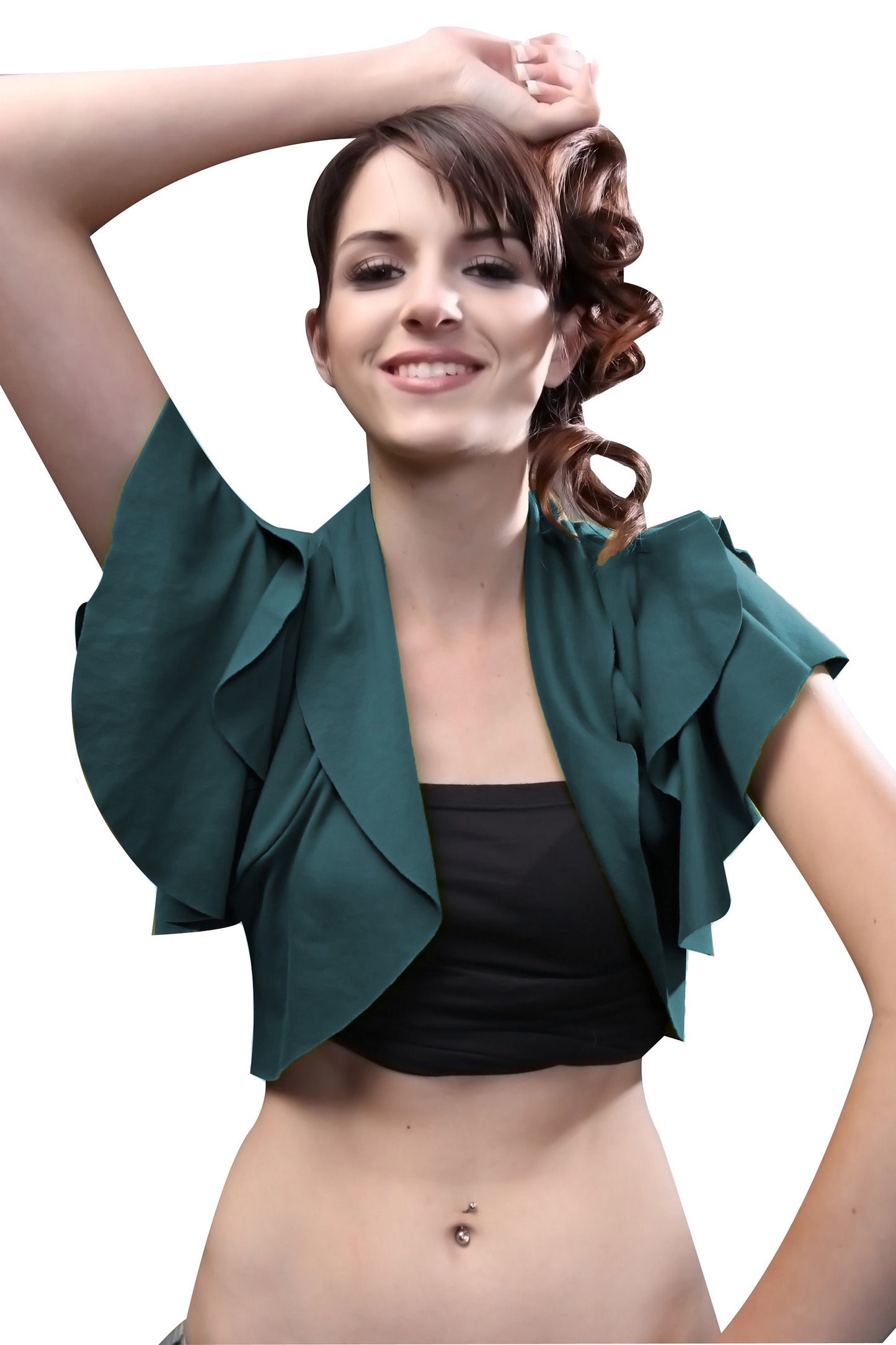 Ruffled cropped Bolero Shrug, shrugs, Bolero, Open-Front Bolero, Ruffled Bolero, Coverlet Shrug, Stretch Shrug Bolero