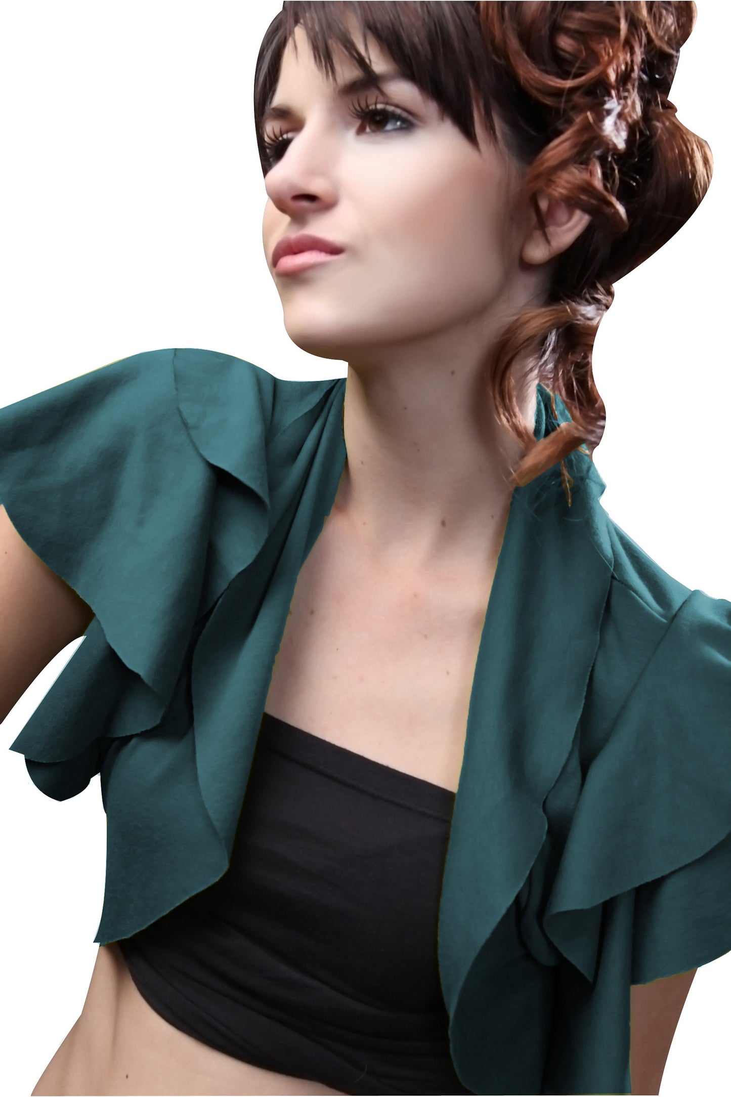 Ruffled cropped Bolero Shrug, shrugs, Bolero, Open-Front Bolero, Ruffled Bolero, Coverlet Shrug, Stretch Shrug Bolero