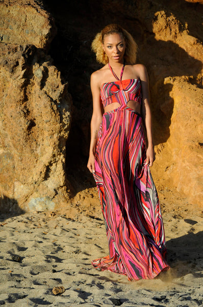 Psychedelic Abstract Print Halter Maxi with side cut outs, Maxi dress, sexy dress, red dress, long dresses, comfortable knit dress, halter