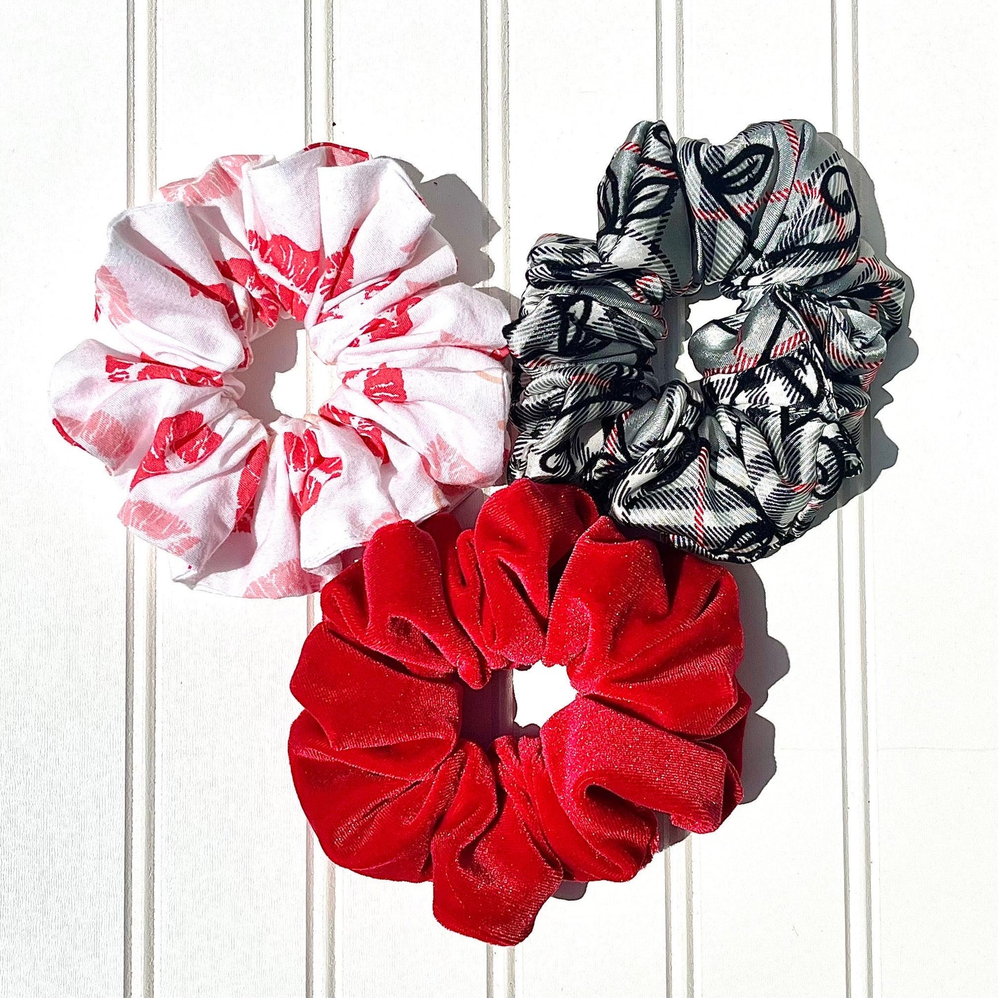Red Velvet, Plaid, and Kisses Scrunchies