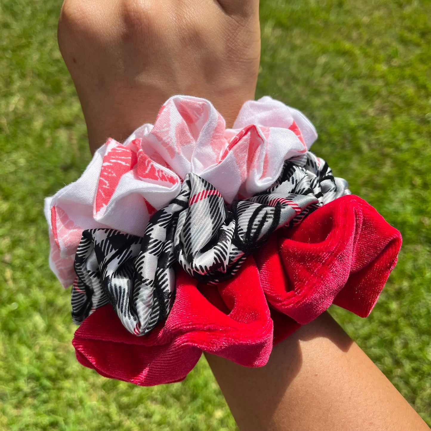 Red Velvet, Plaid, and Kisses Scrunchies