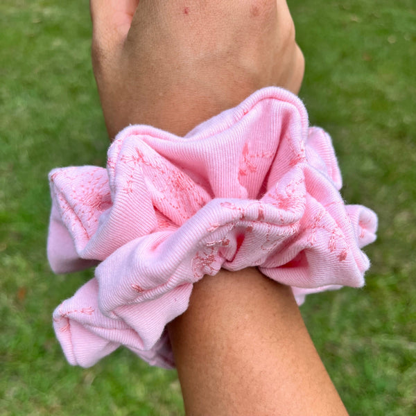 Pink Embroidered Flower Scrunchie, stretchy scrunchie, hair scrunchie, scrunchies, stocking stuffers, bridesmaids gift, limited edition