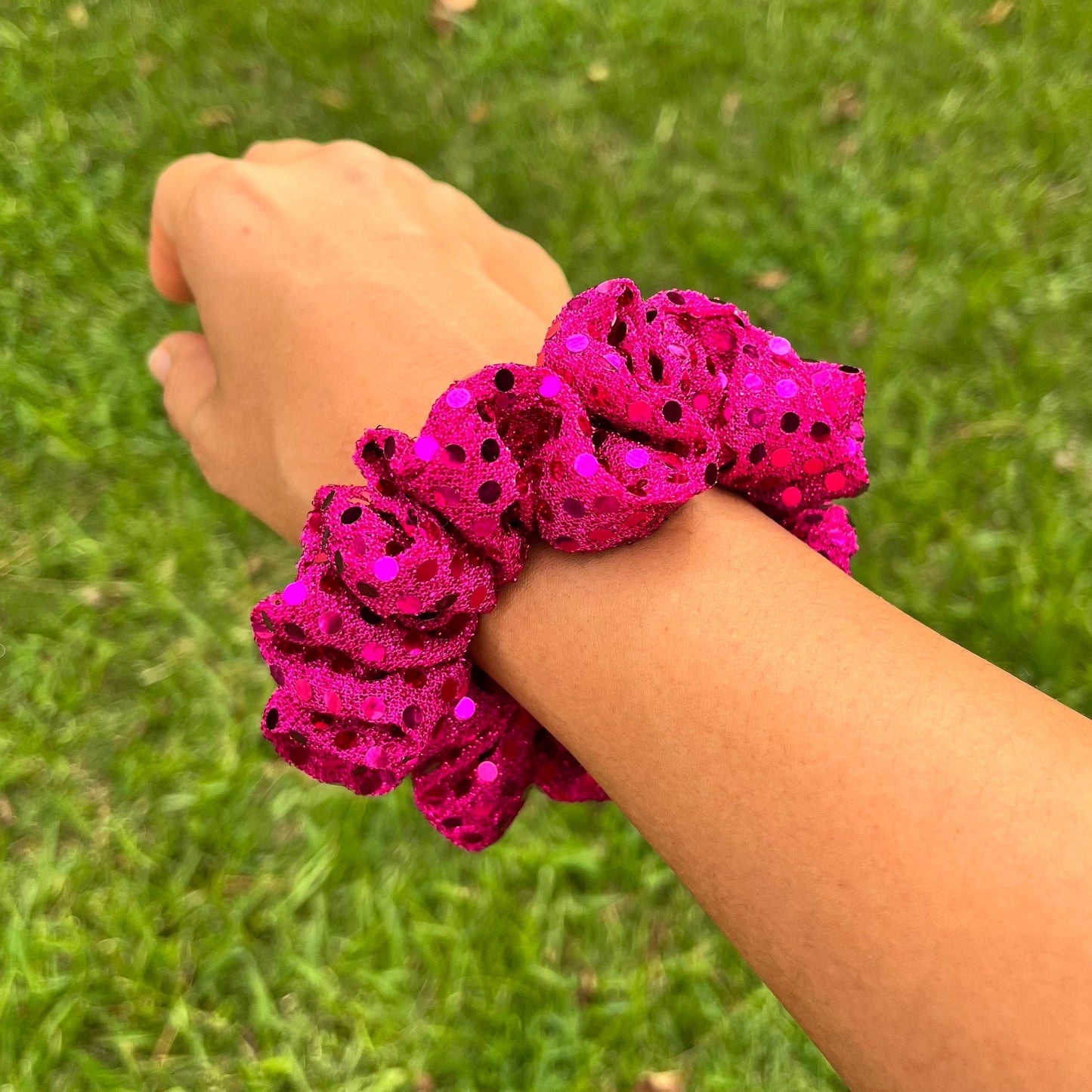 Fuchsia Dotted Foil Scrunchie, cute scrunchies, trendy scrunchies, space bun scrunchies, hair ties, fun scrunchies, pink scrunchies
