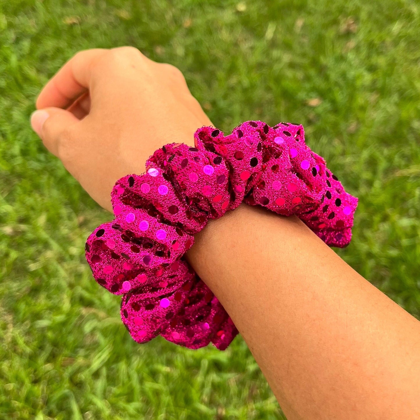 Fuchsia Dotted Foil Scrunchie, cute scrunchies, trendy scrunchies, space bun scrunchies, hair ties, fun scrunchies, pink scrunchies