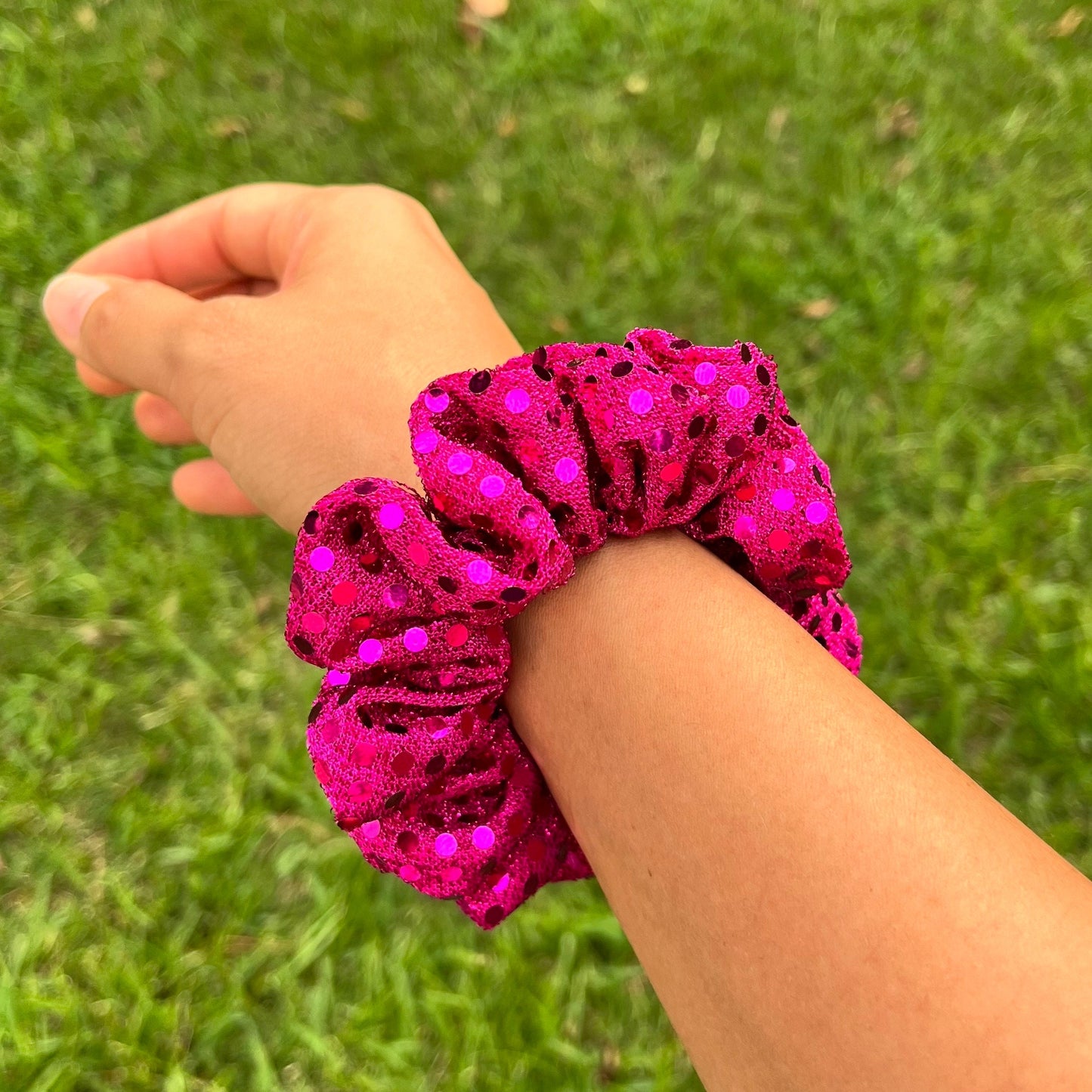 Fuchsia Dotted Foil Scrunchie, cute scrunchies, trendy scrunchies, space bun scrunchies, hair ties, fun scrunchies, pink scrunchies