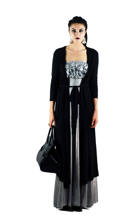 Mona Long Belted Duster Cardigan, Open-Front Light Weight Duster in Jersey Spandex, Duster Cardigan, Long Sleeve Duster