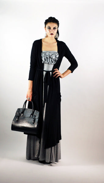 Mona Long Belted Duster Cardigan, Open-Front Light Weight Duster in Jersey Spandex, Duster Cardigan, Long Sleeve Duster