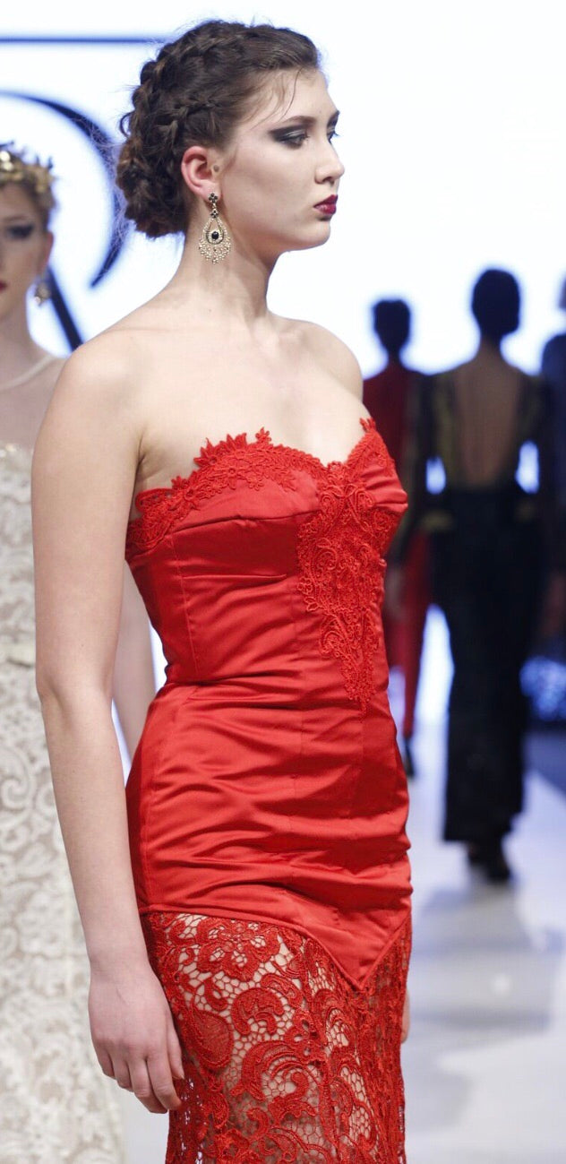 Red Satin and Lace Bustier Embroidered Gown
