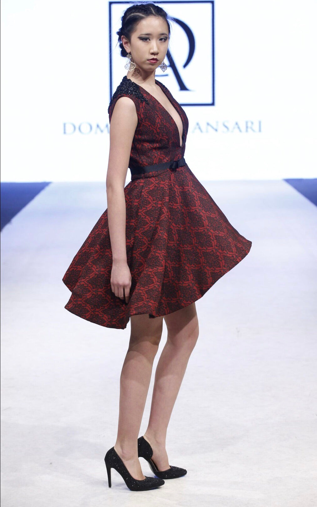 Damask Red and Black Print Dress