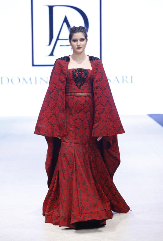 Two piece Damask Print Cape and Strapless Mermaid Gown
