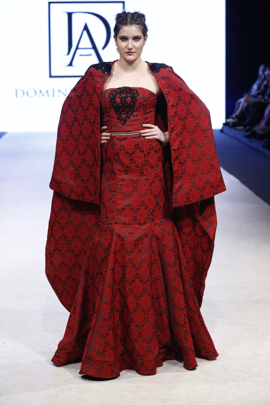 Two piece Damask Print Cape and Strapless Mermaid Gown