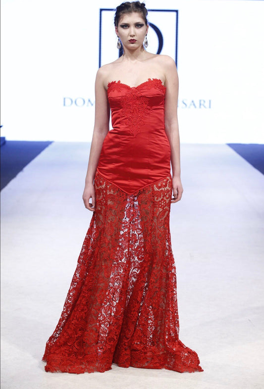 Red Satin and Lace Bustier Embroidered Gown