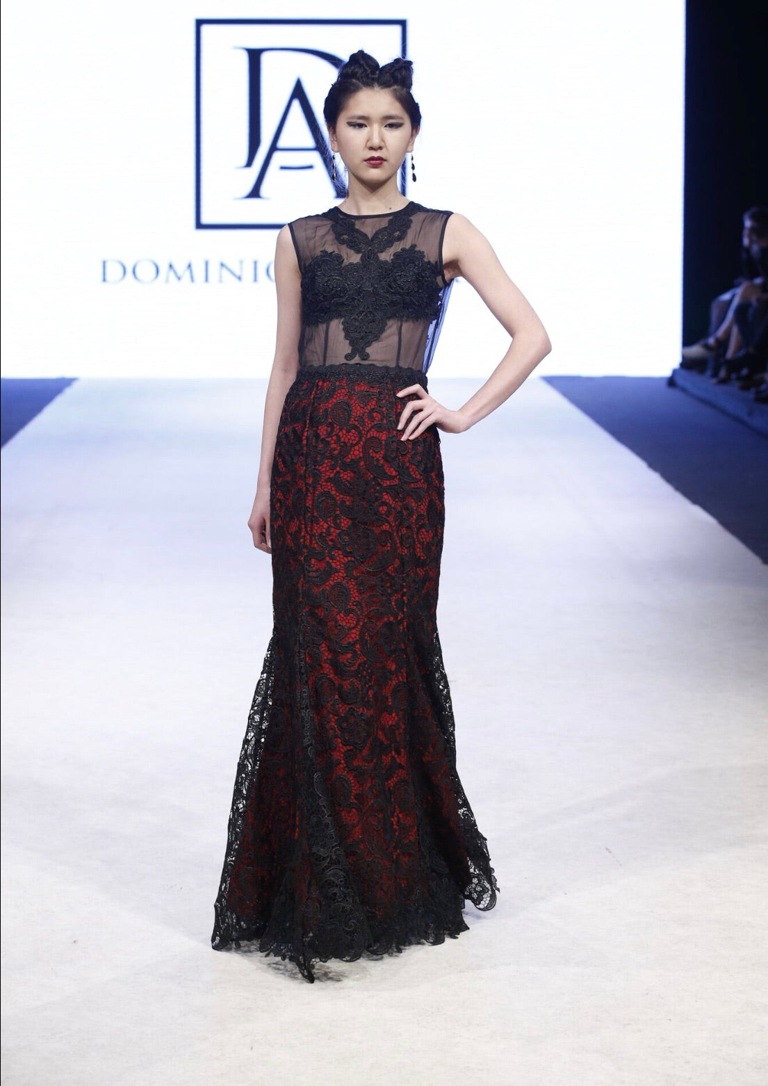 Organza Lace Embroidered top with Red lining and Black Lace Gown