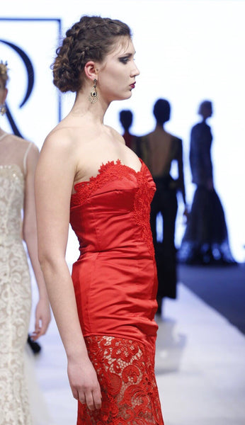 Red Satin and Lace Bustier Embroidered Gown