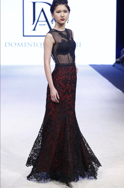 Organza Lace Embroidered top with Red lining and Black Lace Gown