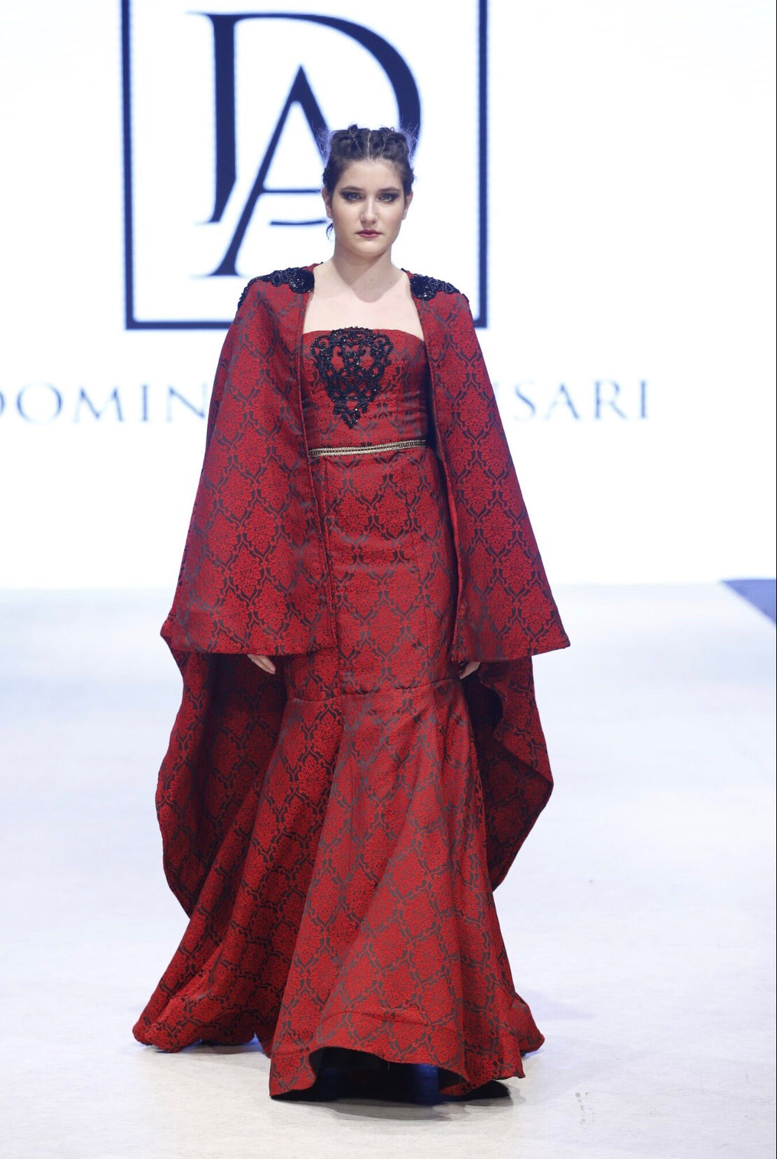 Two piece Damask Print Cape and Strapless Mermaid Gown
