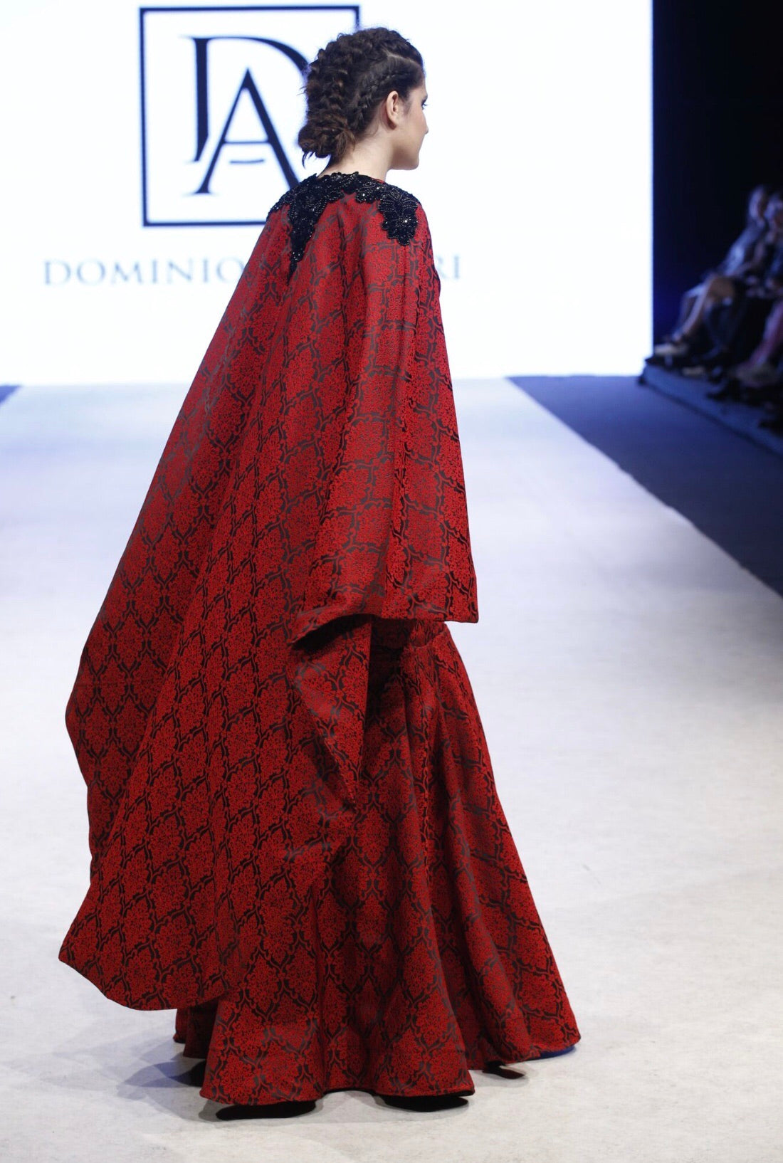 Two piece Damask Print Cape and Strapless Mermaid Gown
