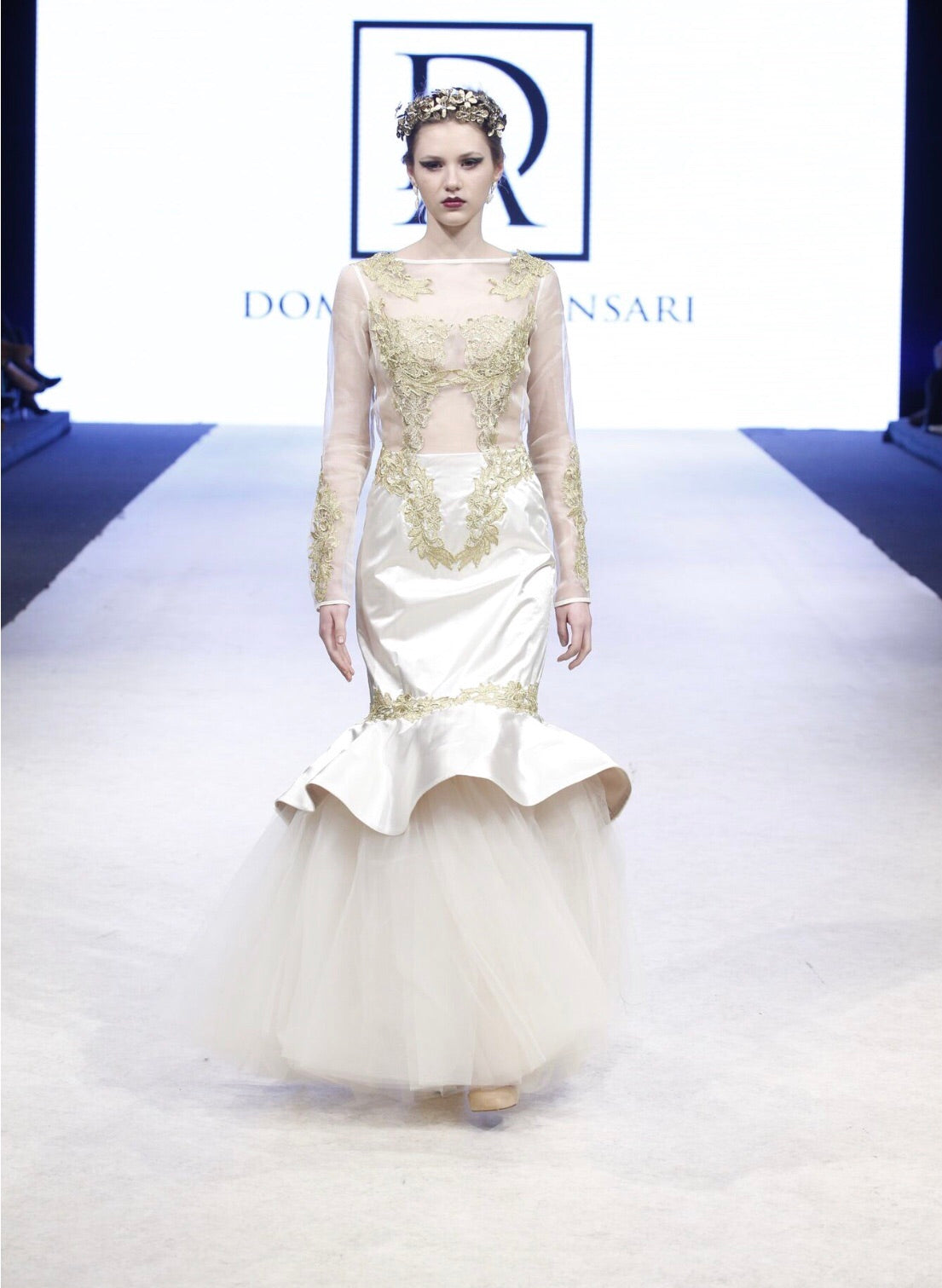 Ivory Satin, Organza Silk, and Tulle with Gold Embroidered  Gown