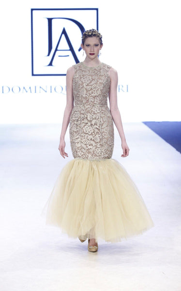 Gold Lace and Gold Tulle Mermaid style Corset back Gown